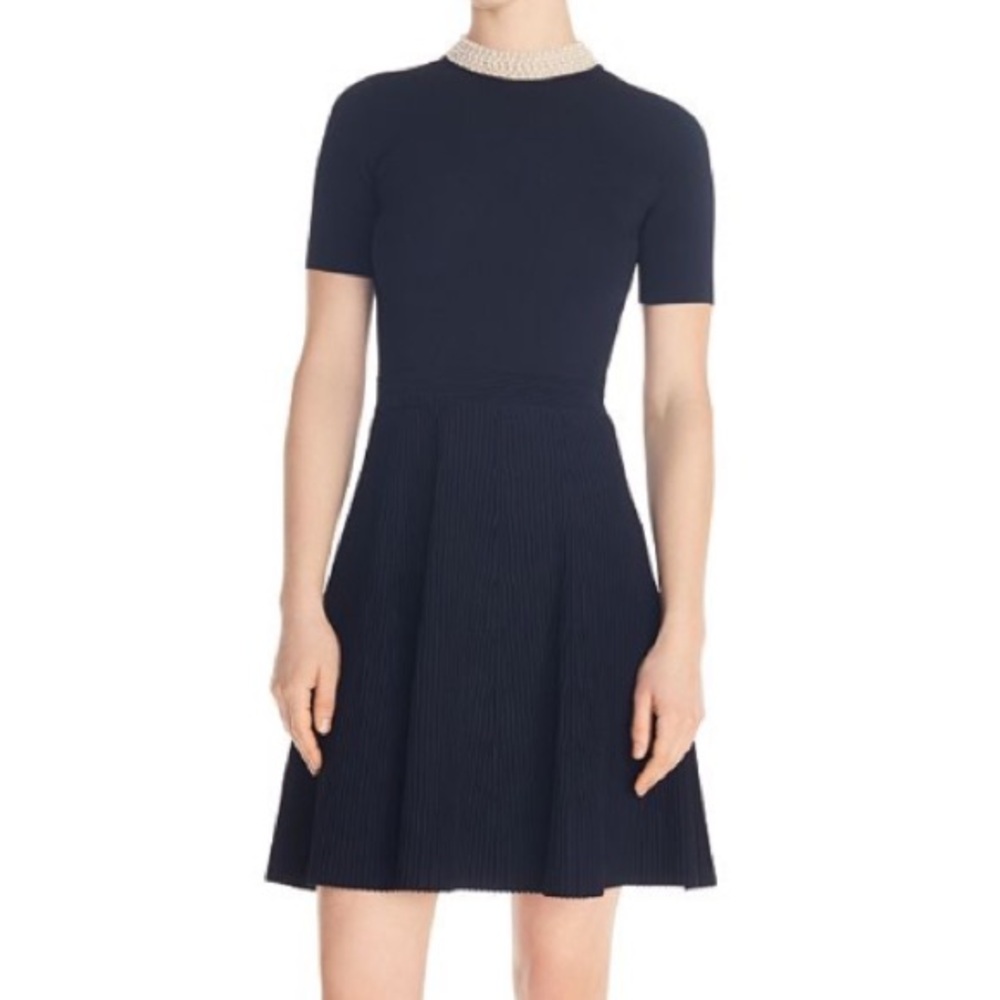 Sandro Navy Ribbed Knit Mini Dress with Pearl Neckline Detail